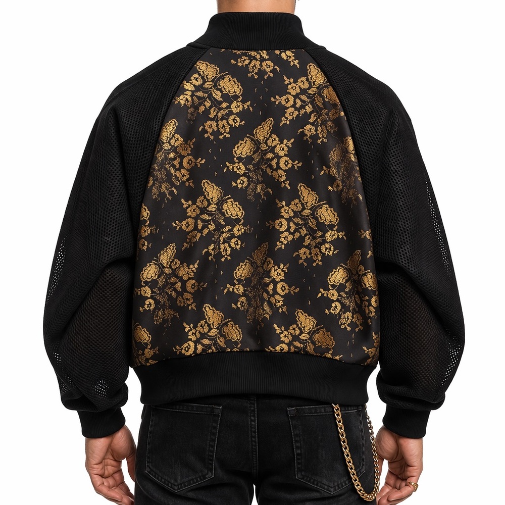 Hand Made unisex Black Bomber Jacket with Gold Floral Jacquard Panel